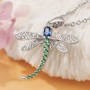 Anthropologie Silver Dragonfly Necklace with Blue and Green Accents